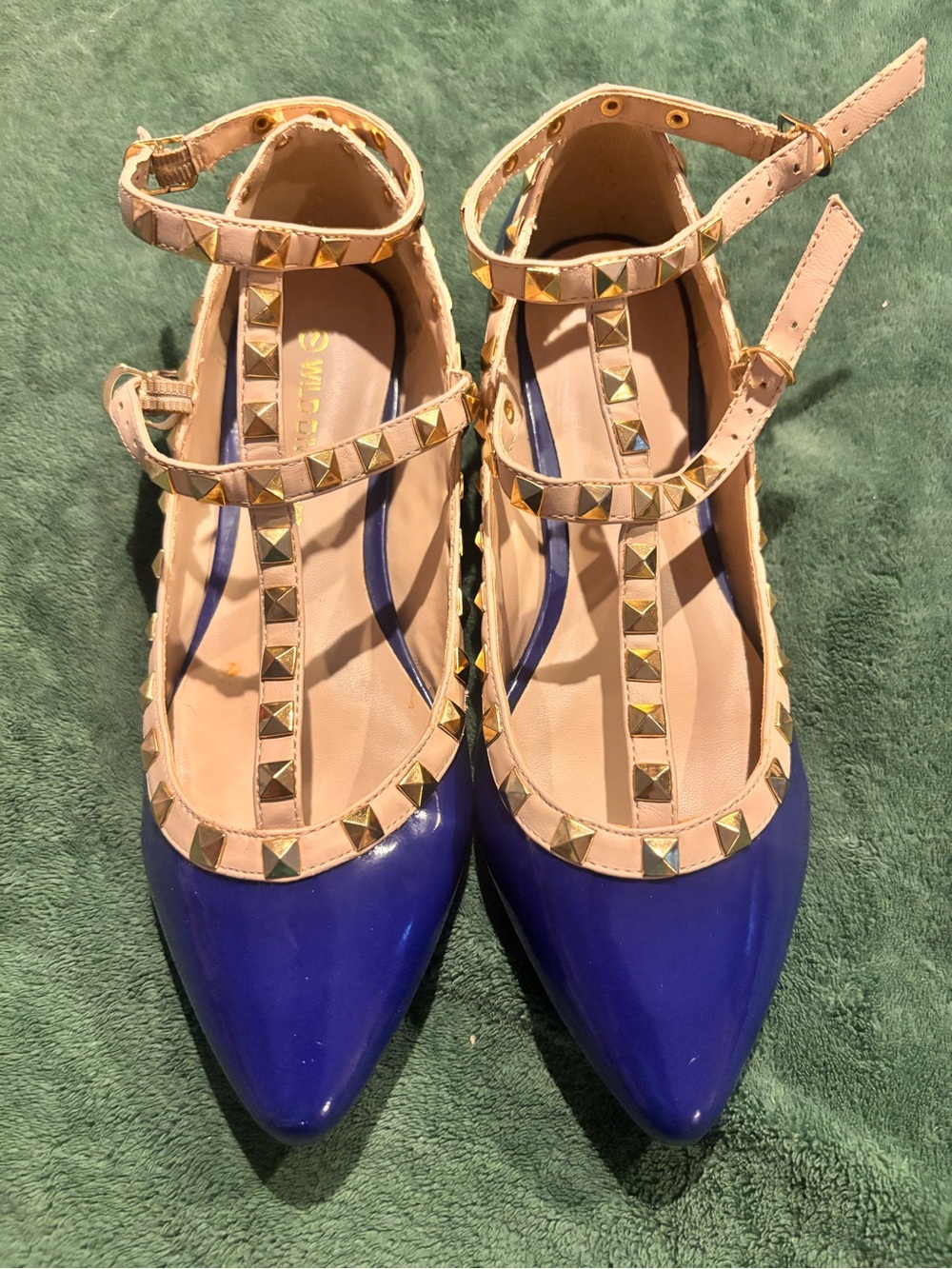 Wild Diva Studded Pointed-Toe Ankle T-Strap Flats in Blue and Nude Size 7 NWOT
